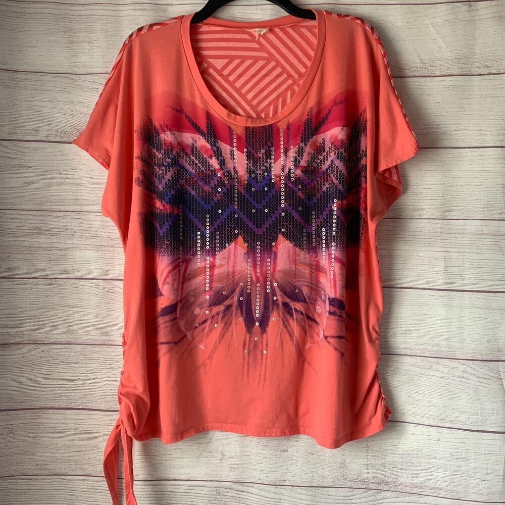Y2K Coral Butterfly Graphic Tee Sequin Back Short Batwings Ruched Side Tie